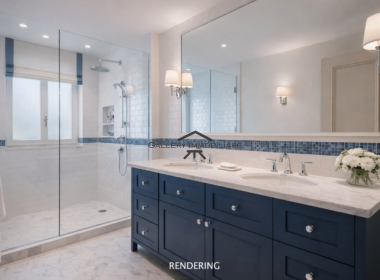 Bagno moderno con dettagli blu e bianco copia
